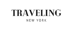 Black text logo reads "TRAVELING" with "NEW YORK" below in a smaller font on a transparent background.