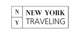 Text logo reads, "N Y NEW YORK TRAVELING" in black uppercase letters with "N Y" in separate boxes on the left.